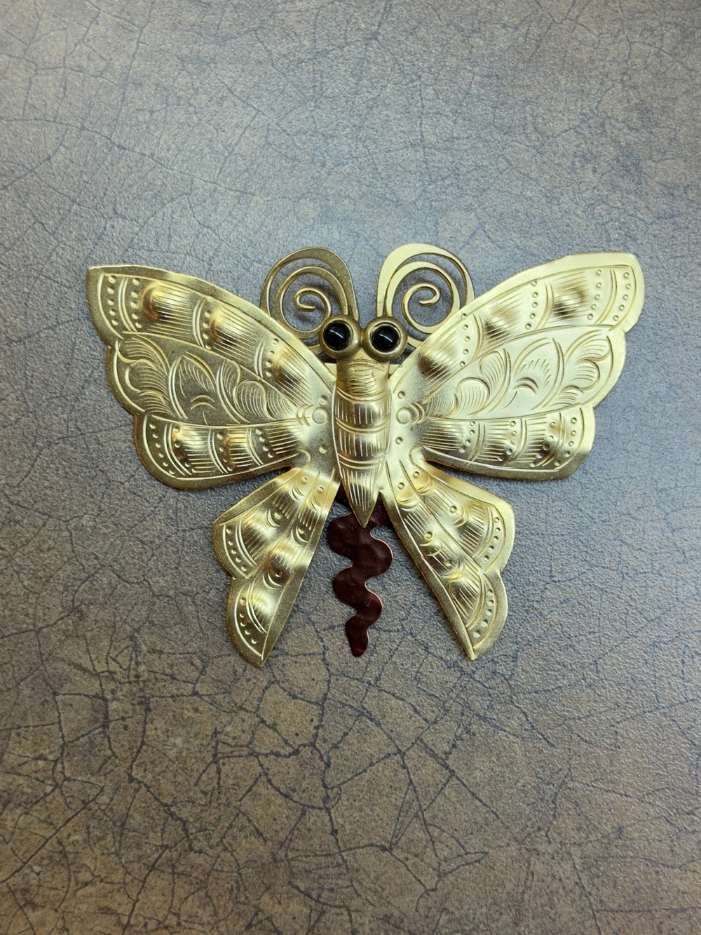 Gold Butterfly Brooch Brass Tone Accent